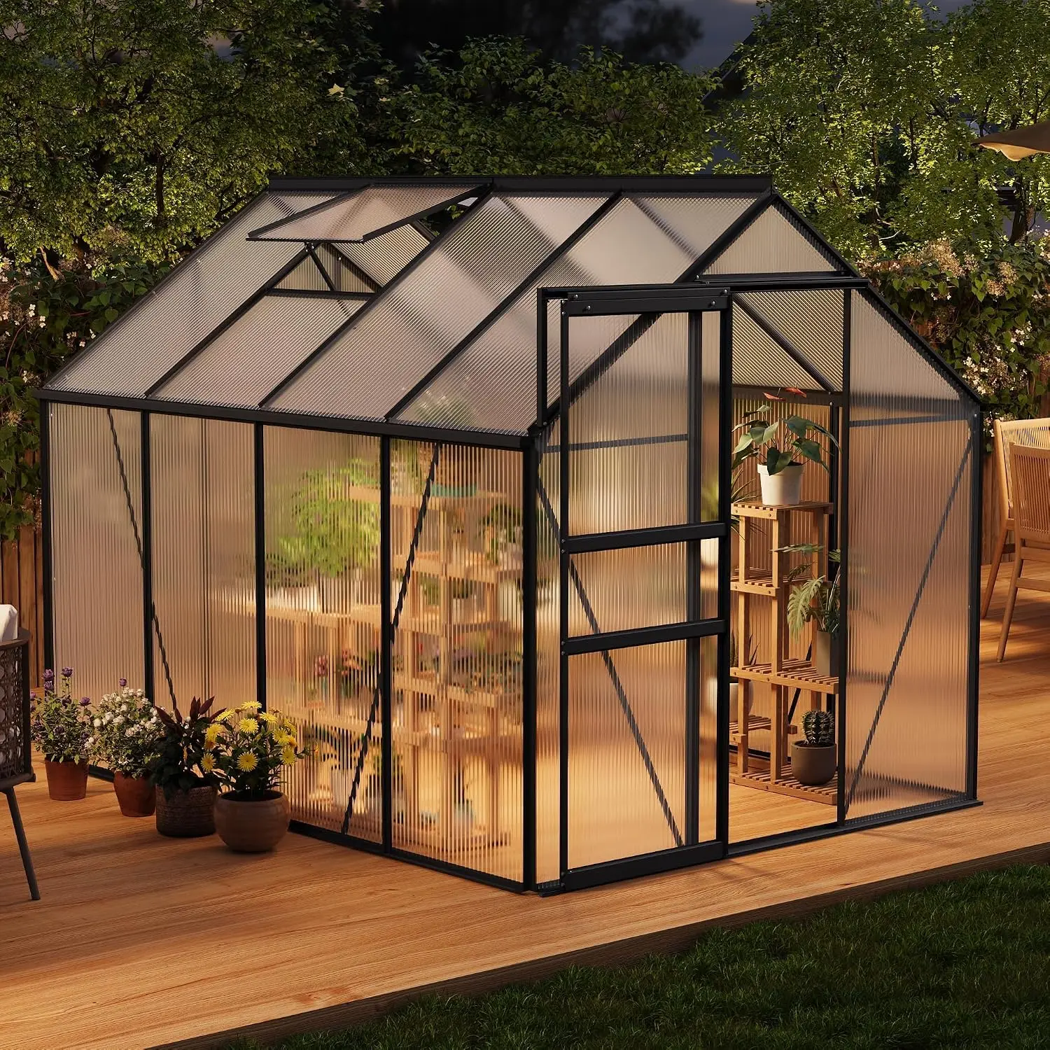 8x6 ft Polycarbonate Greenhouse with Sliding Door, Vent, Rain Gutter, Walk-in Garden, Aluminum Frame, Black, Customized