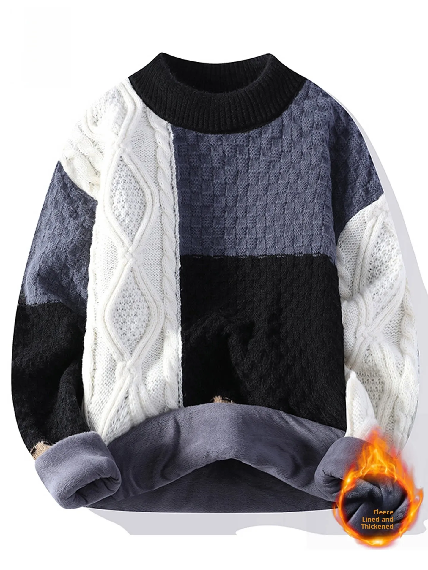 

Мужской утепленный свитер Nainiu с флисовой подкладкой, круглым вырезом, в стиле пэчворк, теплый, с цветовыми блоками, крупной вязки