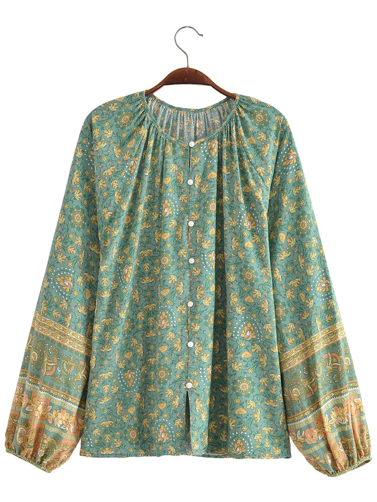 2022 BOHO Light green Flower Print Loose Full Raglan Sleeve Shirt Holiday Women Single-Breasted Button Blouse Beach Cape Tops