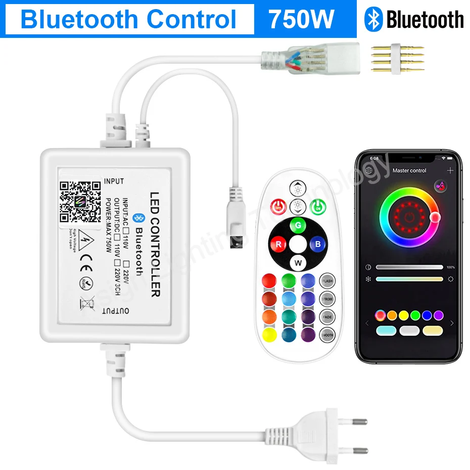 220V LED şerit denetleyici RGB 4 Pin Neon şerit uzaktan Bluetooth Tuya WiFi uygulaması için 5050 RGB şerit renk değiştirilebilir 750W 1500W