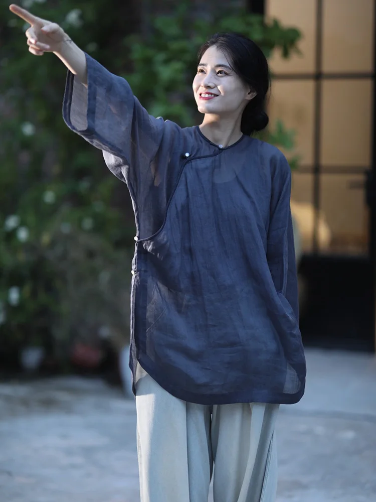 

Новый свободный китайский сле, модифицированный льняной ткань с запеченной талией и большими краями от девятого облака для повседневного ношения