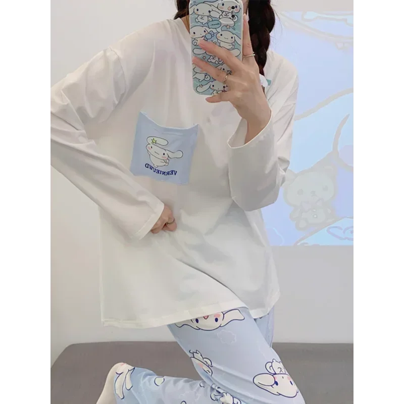 Sanrio jade cinnamon dog silk pajamas women\'s autumn pure cotton long-sleeved casual cartoon loungewear pajamas and pants set