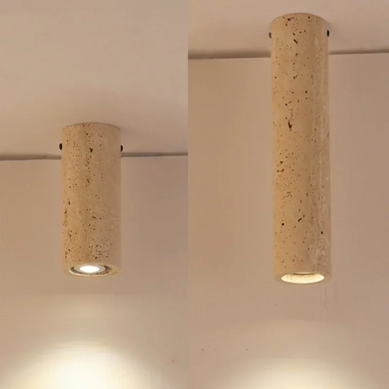 Surface Mounting Stone Light Yellow Travertine Cylindrical Ceiling Lamp