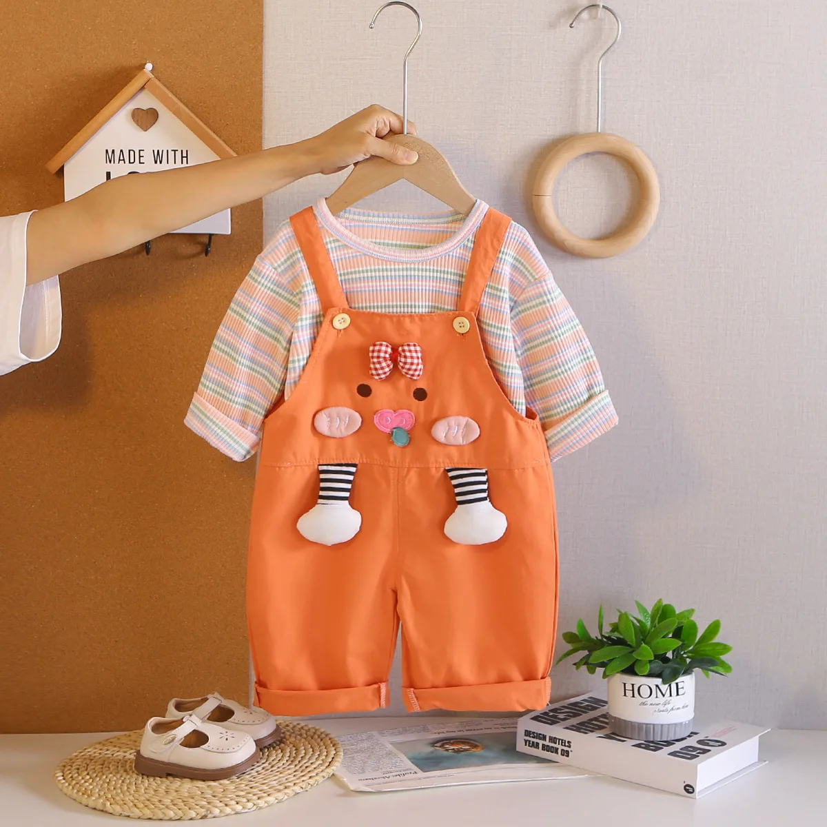 Toddler Girls Outfits 2026 Spring Autumn Baby Girl Clothes 0-5T Cute Cartoon Striped Tops + Overalls Two Piece Set Kids Clothing