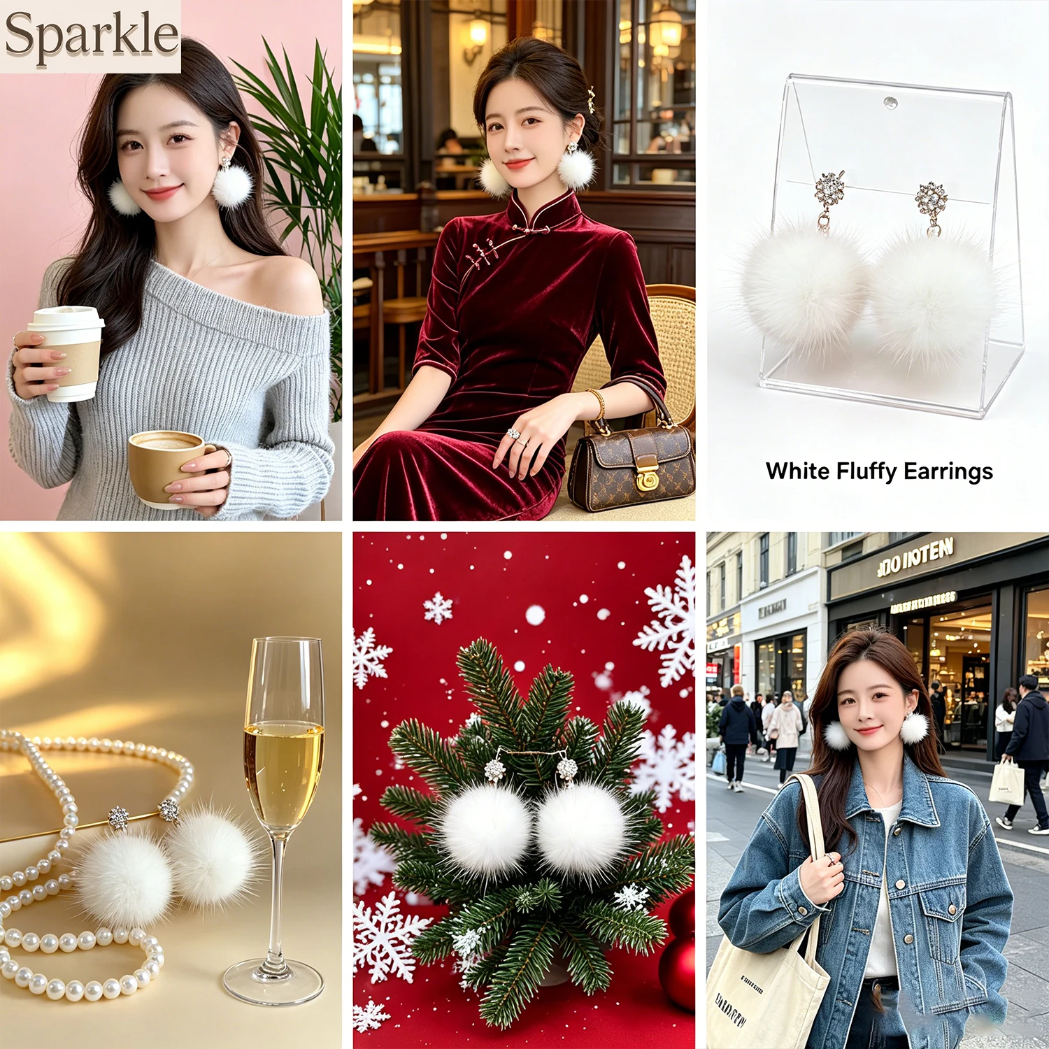 

Fluffy White Fur Ball Earrings with Crystal Snowflake Stud Design Warm Winter Jewelry for Holiday And Parties