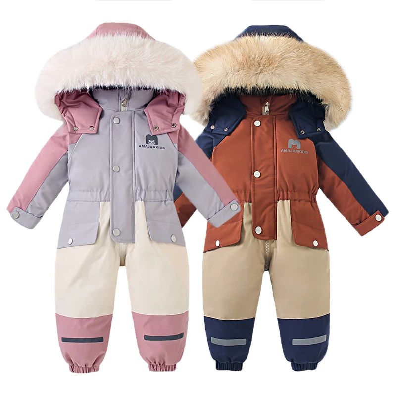 Russia Winter Baby Ski Suit Plus Velvet Baby Jumpsuit Patchwork Boys Overalls Warm Kids Clothes Thicken Children Jumpsuit 1-5Yrs