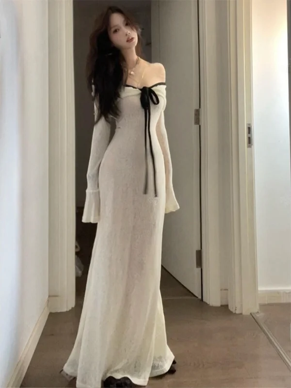 

Женское платье миди с длинными рукавами и цветовыми блоками, с завязками, в французском стиле, с завышенной талией, облегающее, осеннее