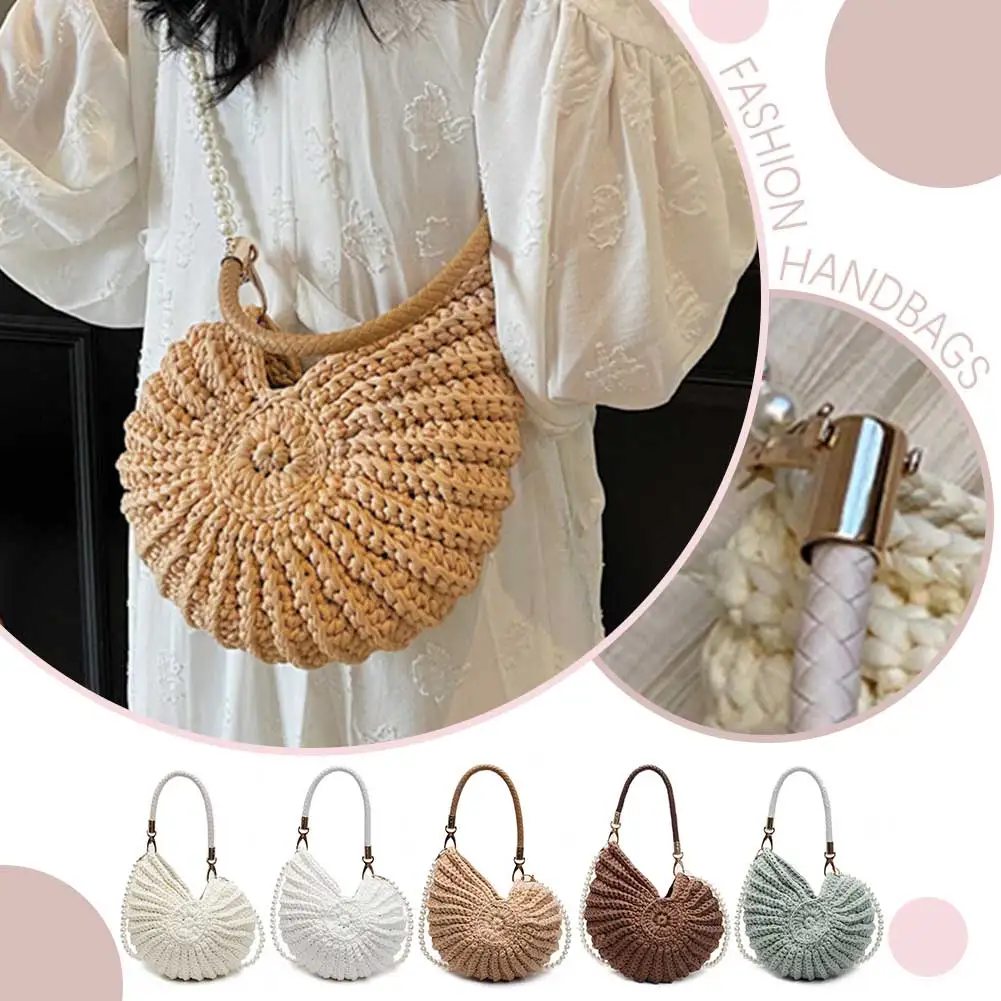 

Handwoven Seashell Women Beach Shoulder Bag Solid Color Pearls Chain Crossbody Bag Novelty Small Handbags for Vacation Travel