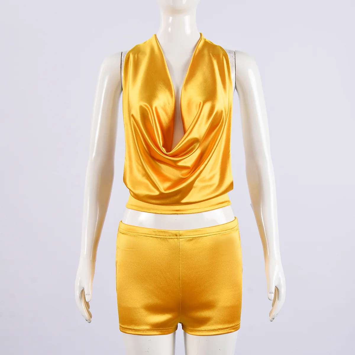Combhasaki Summer 2Piece Shiny Outfits Set Sleeveless Tie-up Halter Cowl Neck Backless Crop Tops with Elastic Waist Mini Shorts