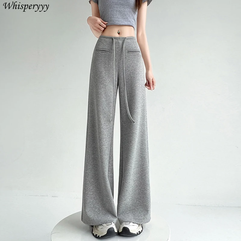 Spring Summer Casual Straight Sweatpants Women Clothing Front Pocket Wide Leg Pants Female Loose Solid Color Drawstring Trousers