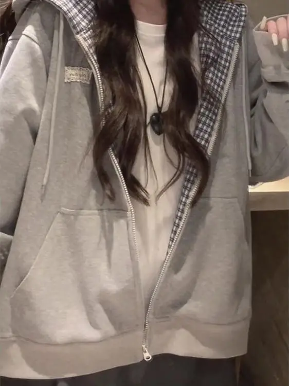 格子柄ジッパー付きフード付きレディースジャケット 春秋 2025年新作 韓国風 ゆったり オープンカーディガン ワイドフィット ロング丈