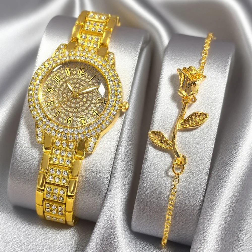 2pcs retro gorgeous women's quartz watch and rose bracelet combination set suitable for daily wear