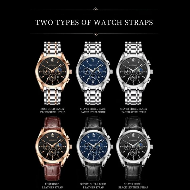 Abbylun-メンズクォーツ時計,ステンレス鋼ストラップ,多機能,3眼,ビジネス,防水,829