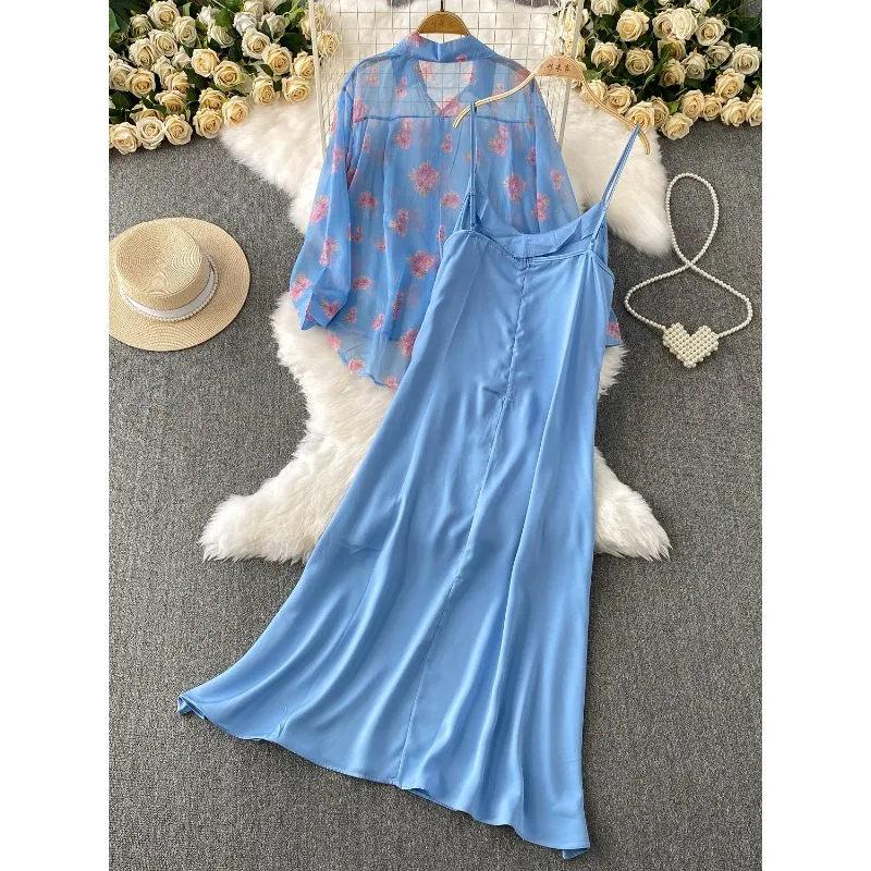 Ensemble deux pièces pour chemise de protection solaire, veste + robe longue ample, motif Floral bleu fin, à manches longues, costumes élégants à la mode, été 2026