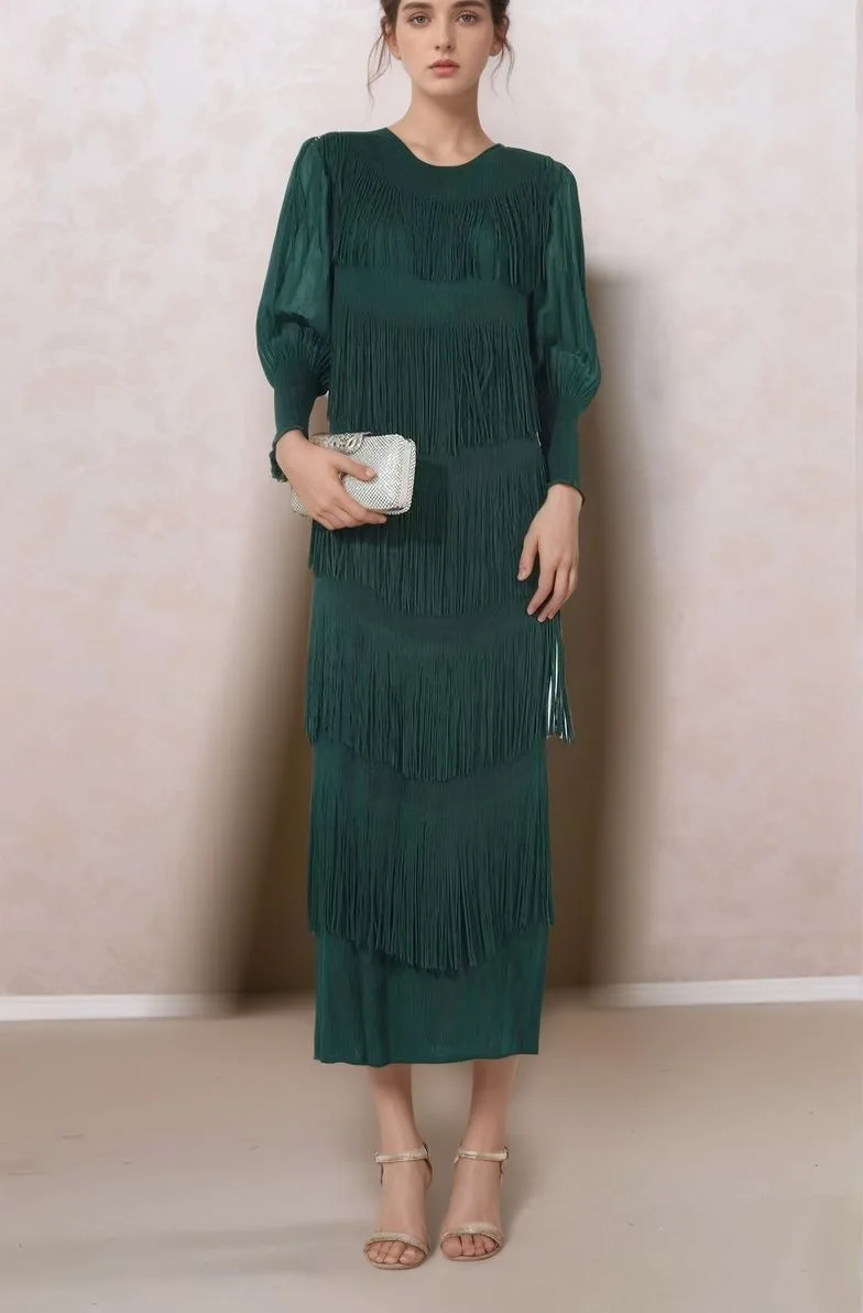 

Spring and Autumn Tassel Pleated Dress Round Neck Lantern Sleeve Large Size Drape Dress Birthday Party Women's Clothing