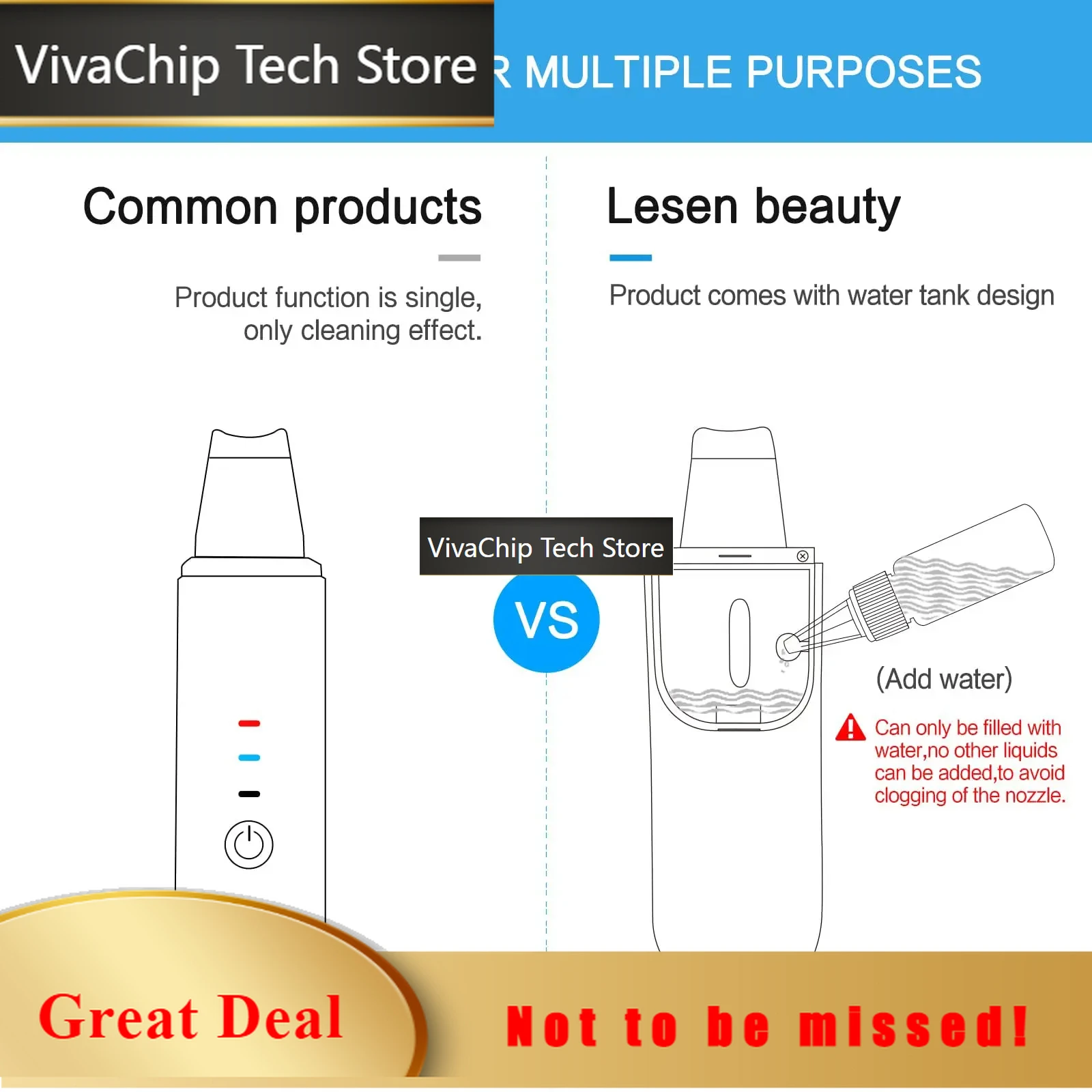 VivaCTProfessional Ultrasonic Facial Skin Scrubber Vibration Face Spatula Blackhead Remover Shovel Clean Cavitation Peeling Mach