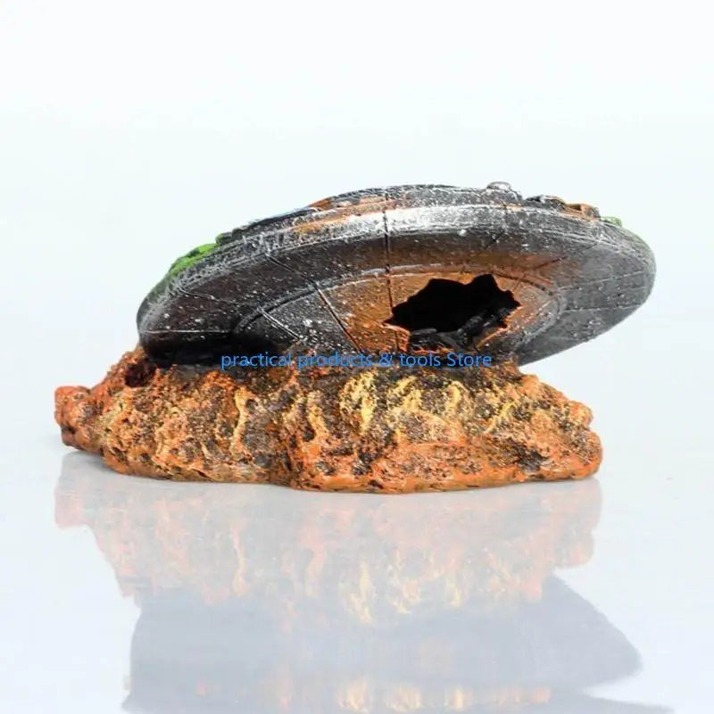 77JB Aquarium Sunken UFO Decorations Resin Spaceship Small Fish for Tank Ornaments