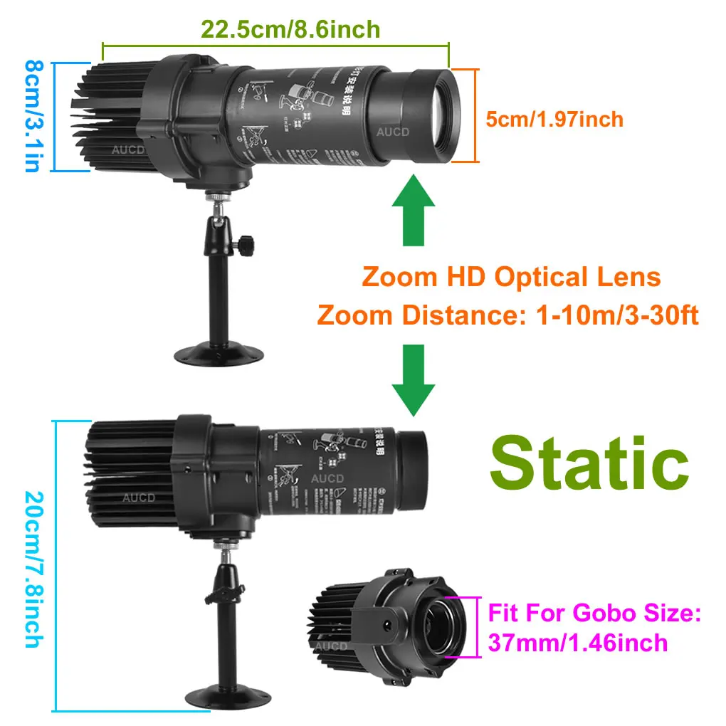 37mm/1.46" Custom RGB Logo Card + Static 20W LED  Gobo Projector AD Lights For Cafe Shop Sign Bars Show HD Zoom Advertising Lamp