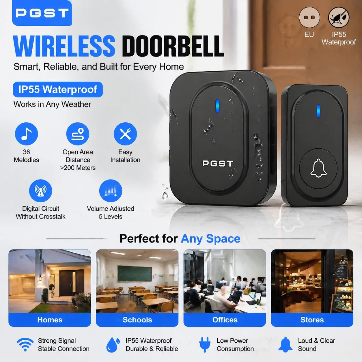 

PGST Smart Wireless Doorbell with LED 36 Songs Home Security Alarm Door Bell Waterproof Button for Outdoor Easy DIY Installation