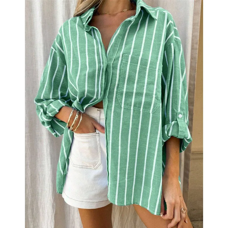 Women's Loose Polo-Neck Striped Shirt for Spring and Summer   Stylis   Casual    Versatile Top