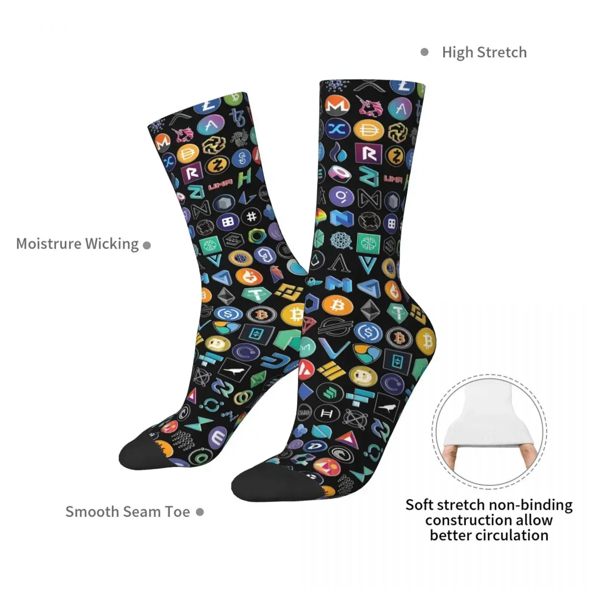 Crypto Logos 3D On Black Socks Harajuku High Quality Stockings All Season Long Socks Accessories for Man Woman Birthday Present