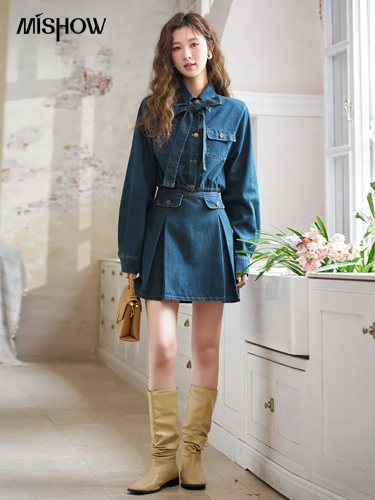 MISHOW French Retro Denim Set Separately Spring Lace-up Bow Short Jacket Bronze Butterfly Buckle High Waist Skirts MXD11C0197