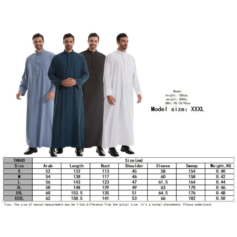 Classico musulmano Kurta Uomo Tunica a maniche lunghe Jubba Thobe Islmaic Arabia Saudita Abaya Abito Nero Bianco Camicie Thobe Qamis Homme