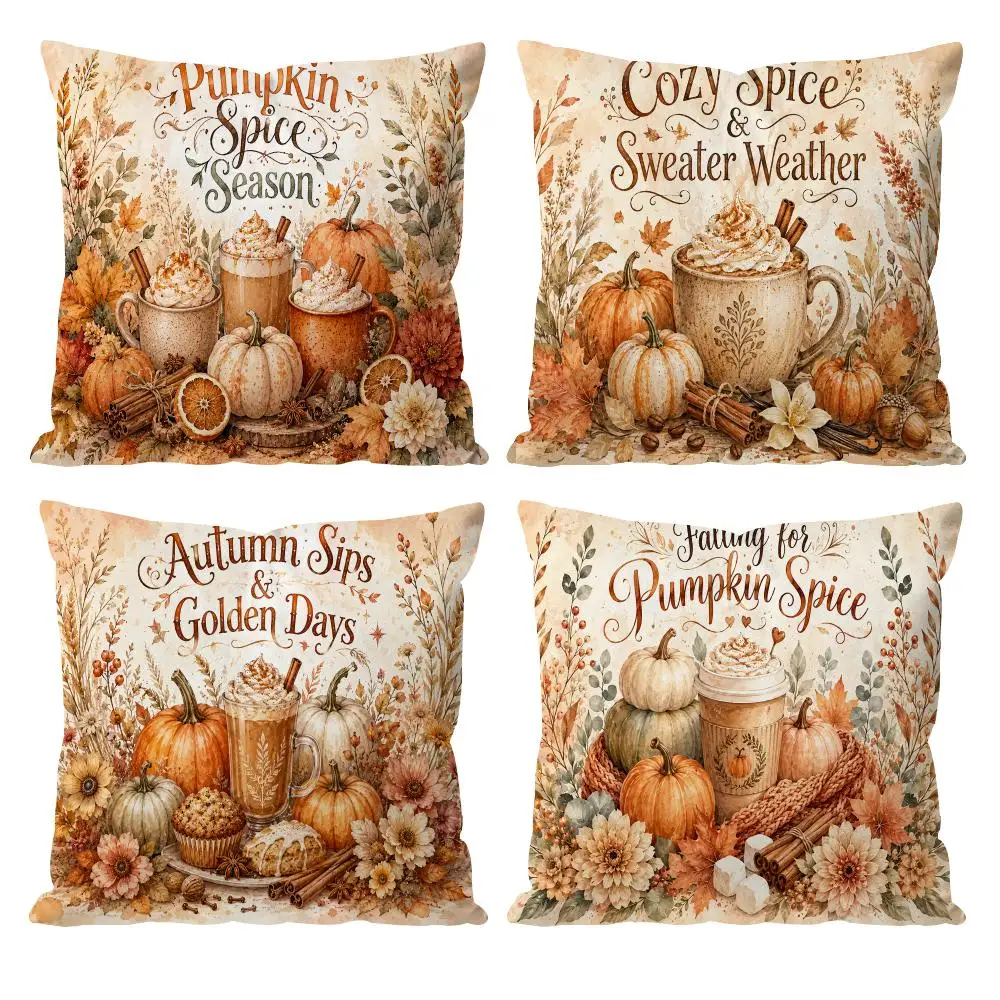 Pumpkin Spice Cozy Season Cushion Cover Double-Sided Plush Sofa Cushion Covers Organic Breathable Invisible Zipper