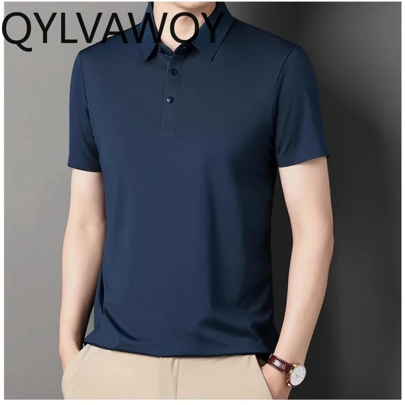 QYLVAWOY 100% Mulberry Silk Mens T Shirt Short Sleeve Black Top Solid Color Thin Style Polo T-shirts for Men Summer Clothes 2024