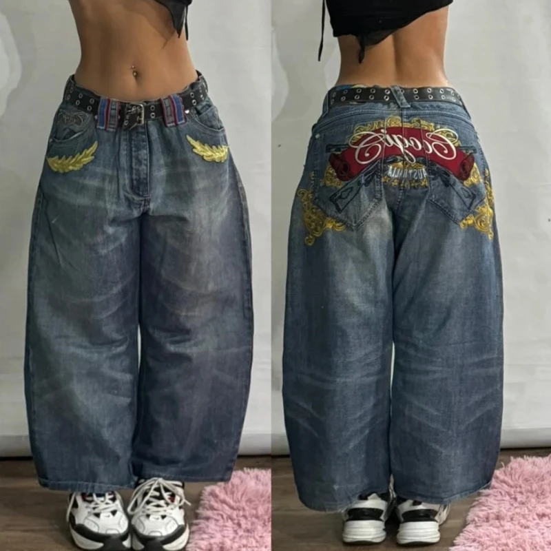 

Y2K Harajuku Vintage Oversized Geometric Letter Embroidery Black Washed Jeans Women High Street Fashion Popular Wide-leg Pants