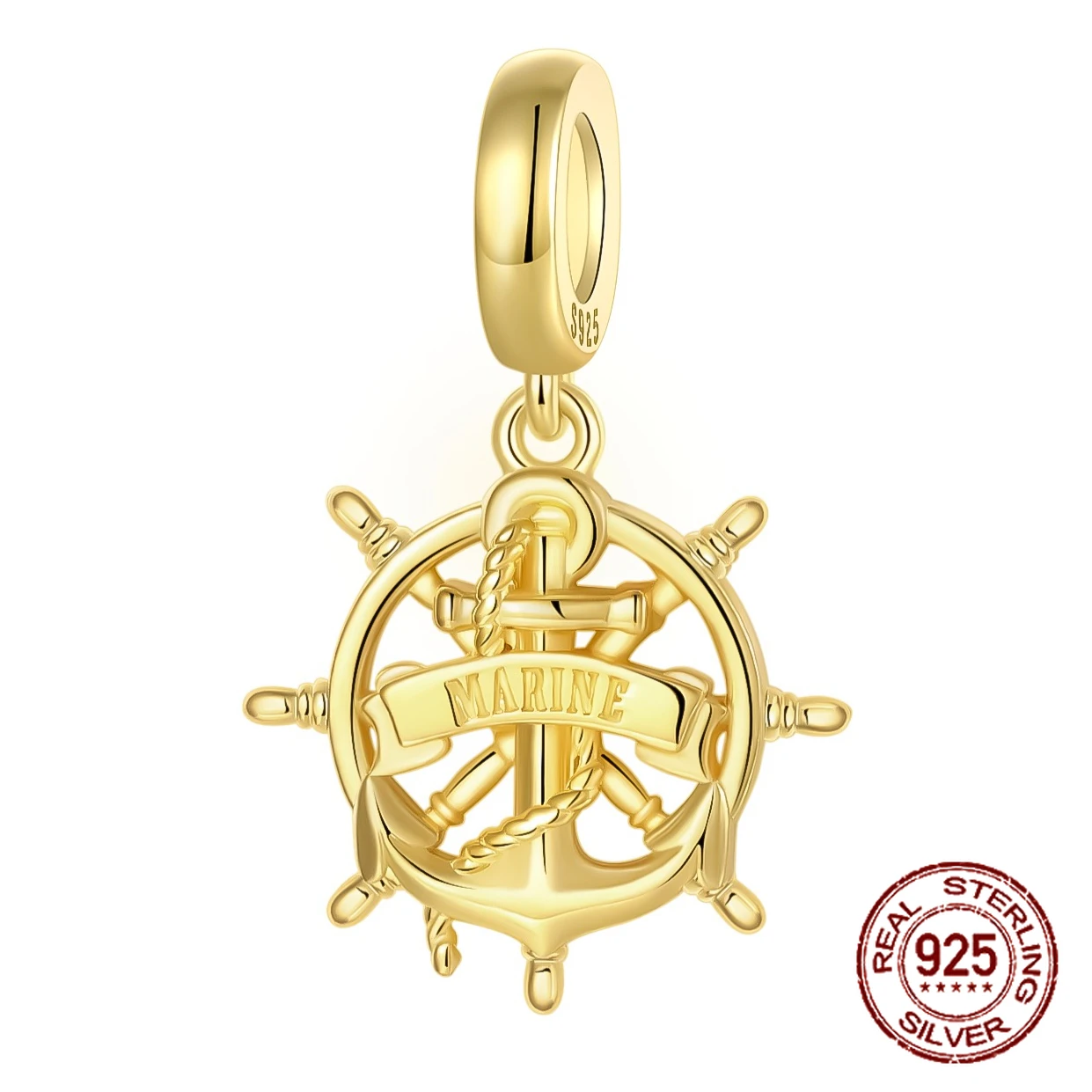

925 Sterling Silver Gold Rudder Anchor MARINE Nautical Style Pendant Charm Fit Original Charm Bracelets Women DIY Jewelry Gift
