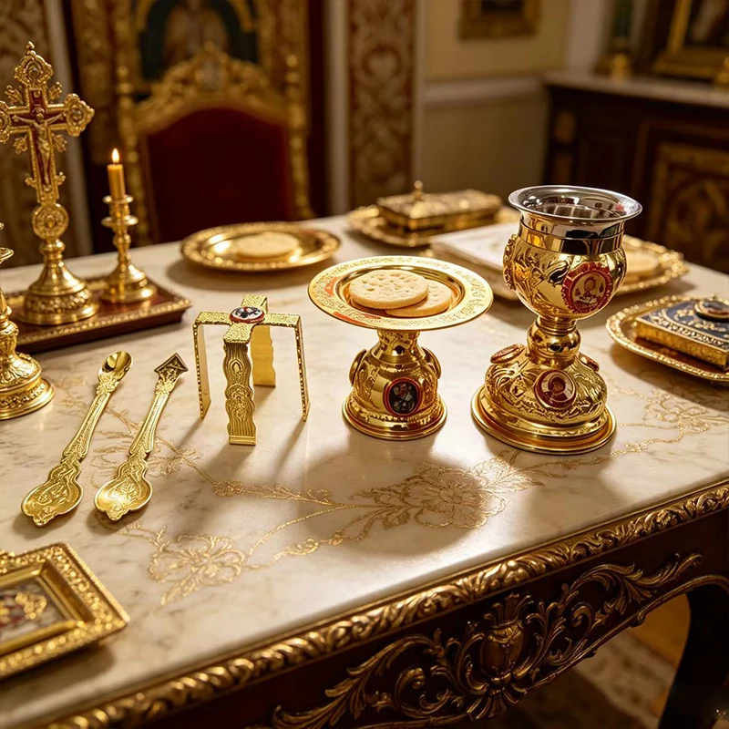 Orthodox Altar Set Gold Metal Chalice with Diskos Plate and Asterisk Star for Divine Liturgy Byzantine Church Supplies Gift
