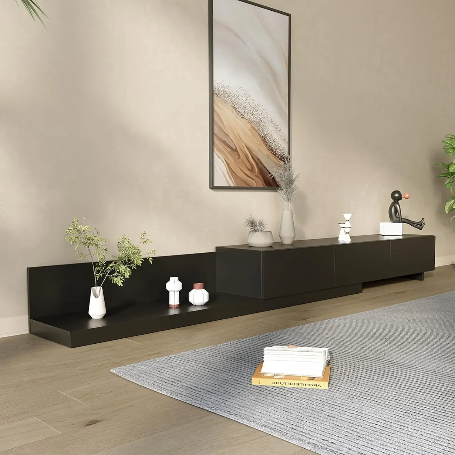 Modern TV Stand, Extendable Media Console With 3 Large Drawers And Adjustable Shelves, Entertainment Center Fits Up, Customized