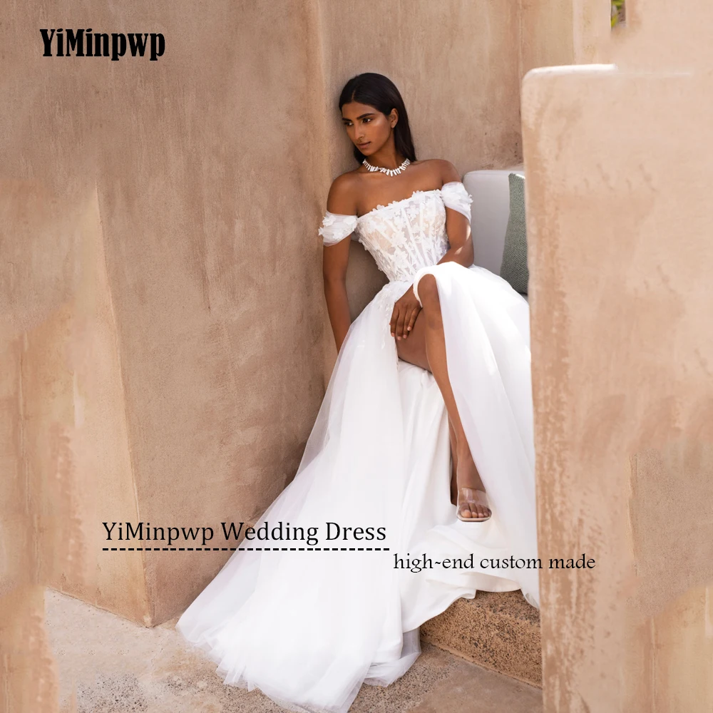 Elegant Lace Wedding Dresses Off Shoulder Boho Bride Gowns Applique A-Line Side Split Sweep Train vestido de novia Customized