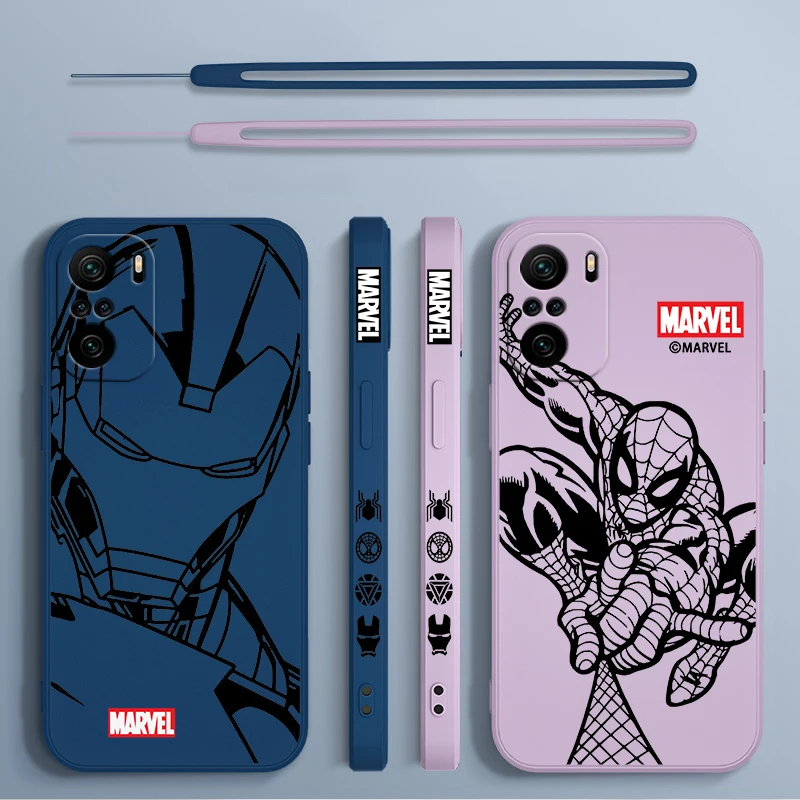 Marvel SpiderMan Iron Man Art For Xiaomi Redmi Note 13 12 12Pro 11 11S 11T 10S 10 Pro Plus 5G Liquid Left Rope Phone Case