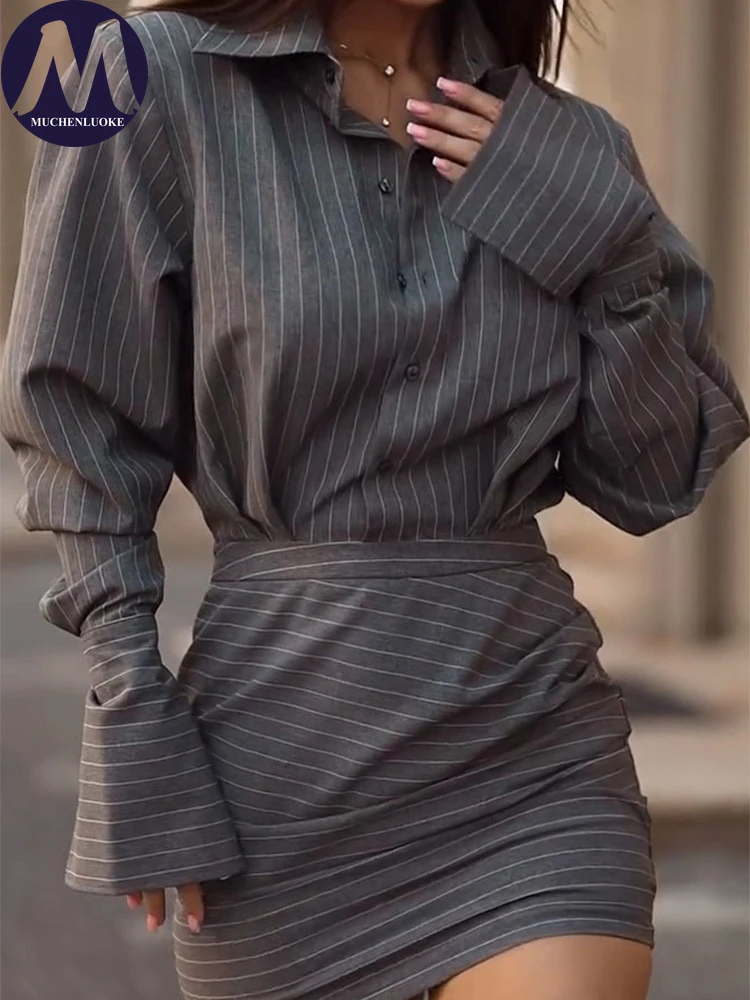 2 peças conjunto para mulher verão novo elegante casual solto listrado mangas compridas topos ternos moda magro ajuste mini saia conjuntos