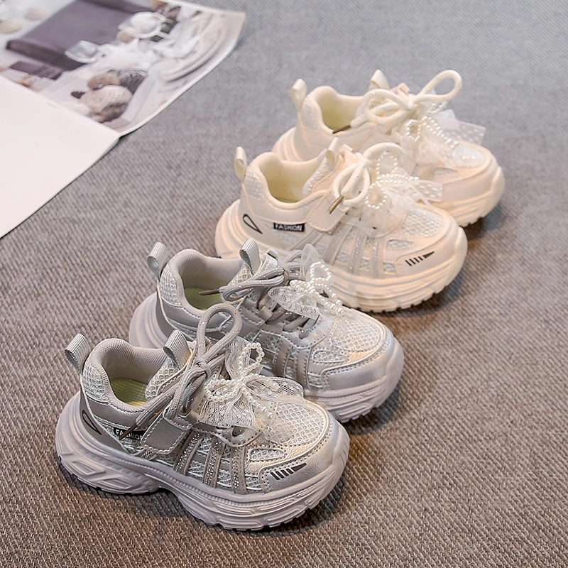 

Girls Sneakers Sweet Lace Bows Beading Cute Kids Running Shoes Mesh Breathable 2025 Autumn New Children Sports Casual Shoes