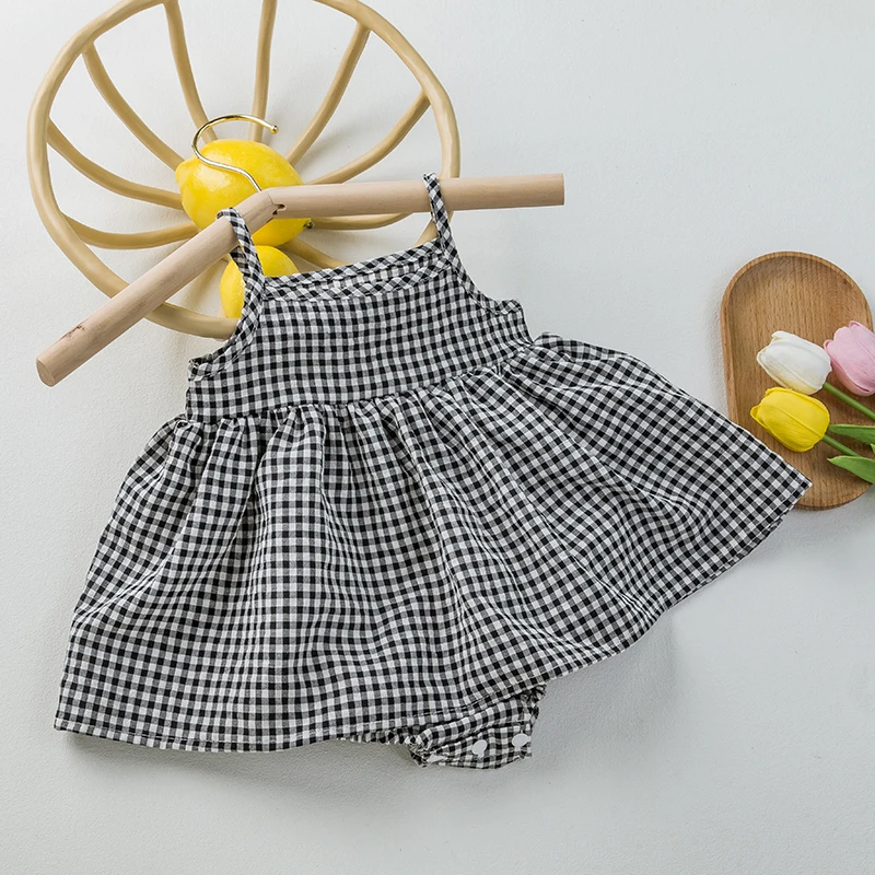 New Korean Baby Girl Sling Bag Fanny Dress Summer Thin Plaid Baby Onesie Casual Sweet Dress Children Knee-Length Skirt For 0-1Y