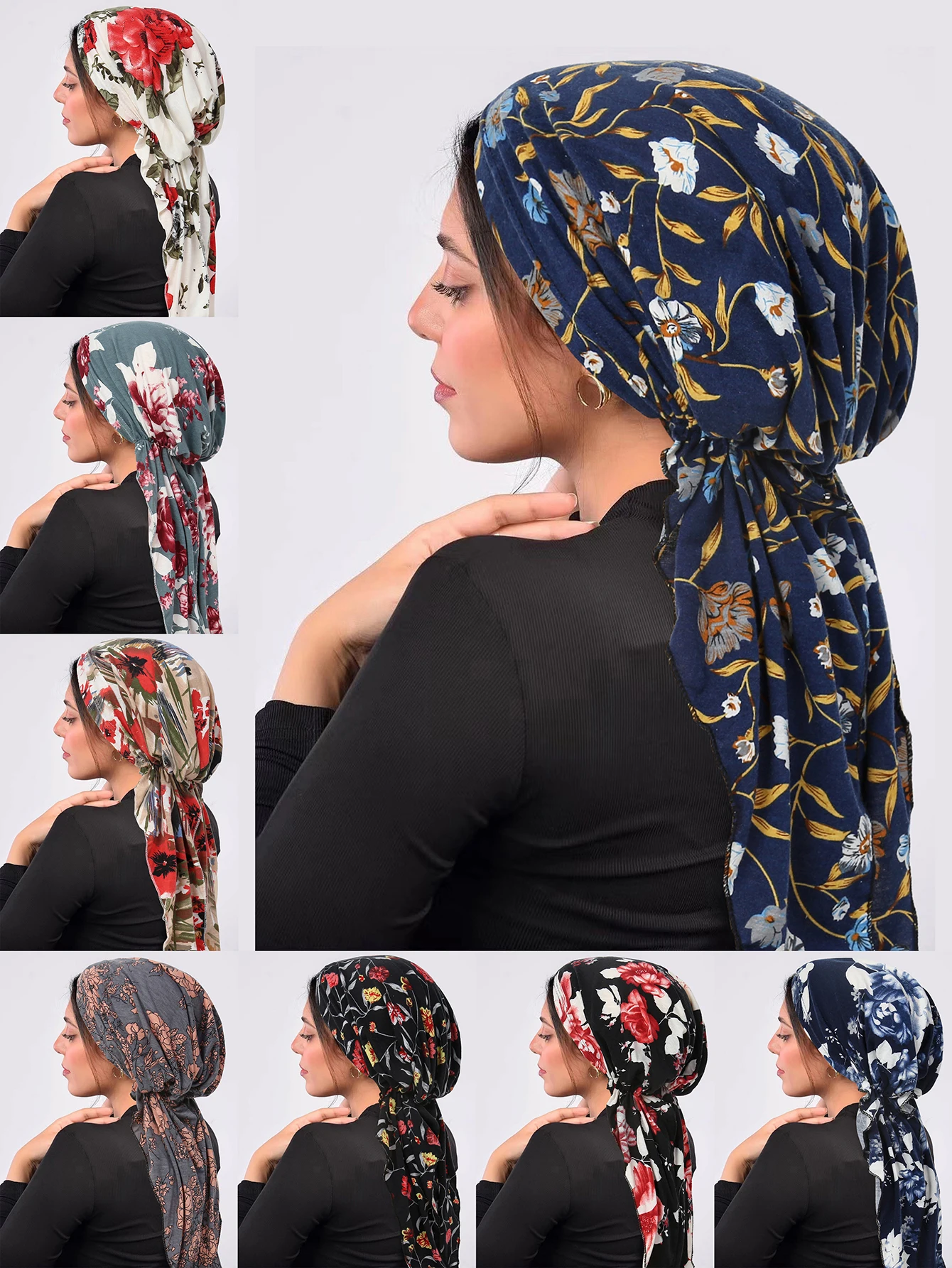 Ramadan Muslim Hijab Caps Wrap Head Soft Elastic Long Tail Turban Bonnet Fashion Print Headdress Wearable