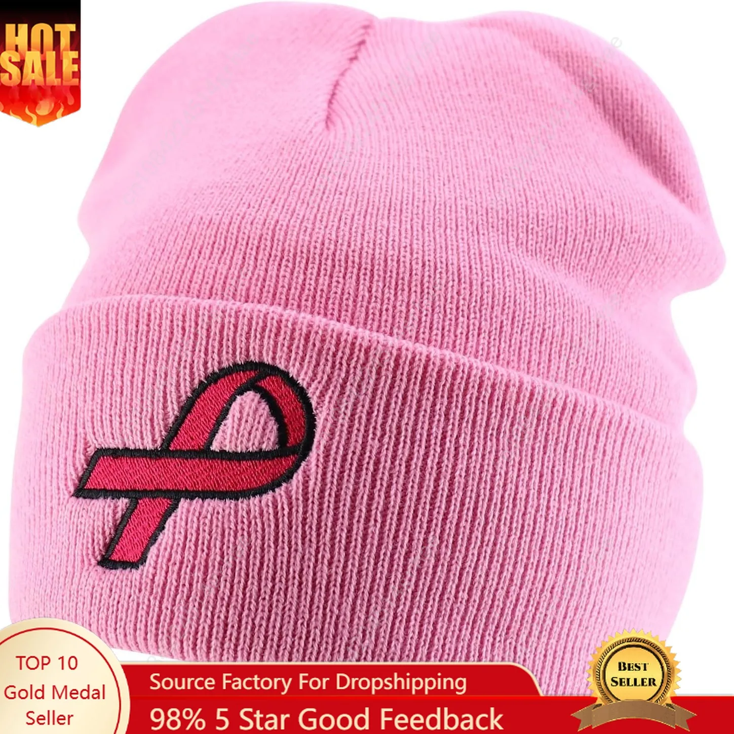

Armycrew Breast Cancer Awareness Pink Ribbon Embroidered Long Beanie
