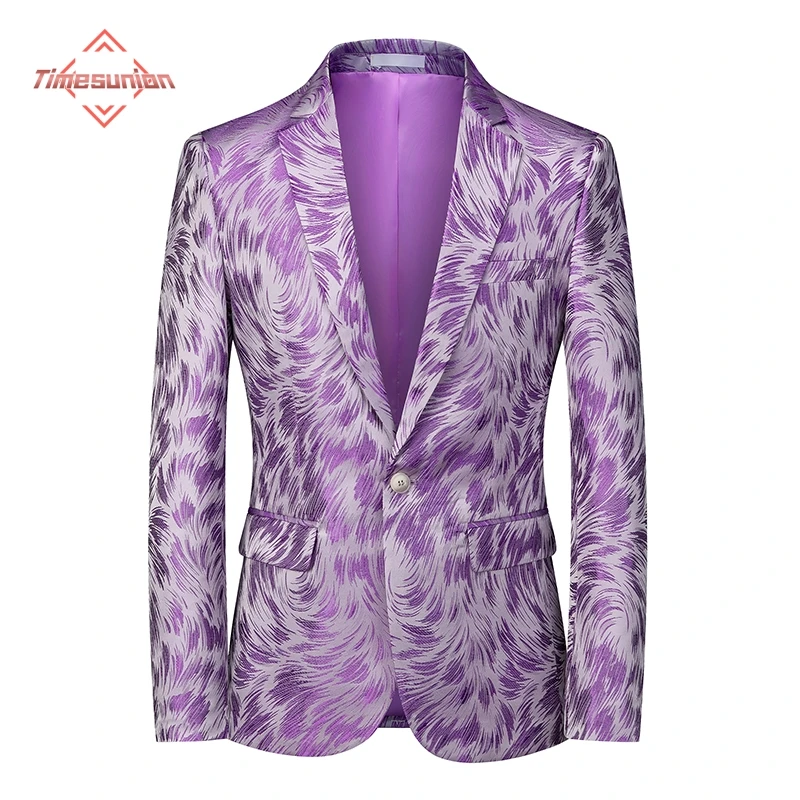 

Fashion Feather Pattern Purple Blazer Jacket Men One Button Peak Lapel Suit Jacket Mens Wedding Groom Party Prom Blazer Hombre