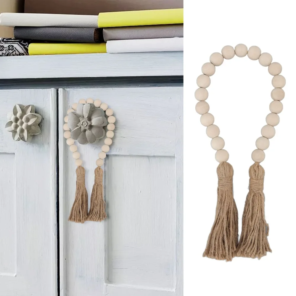 Rustic 19.69in Wood Bead Garland Beige Color Tassels Design Wall Hanging Decoration Beaded Garland Decor Farmhouse Decor