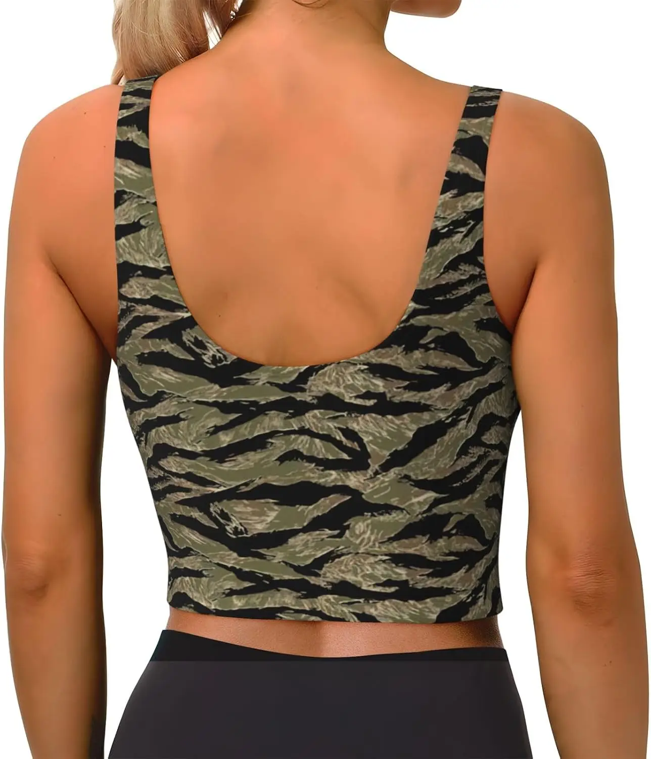 Tiger Stripe Camo Print Women'S Strappy Sports Bra Stretch Gym Bras U Neck Yoga Tops Comfort Seamless Bra