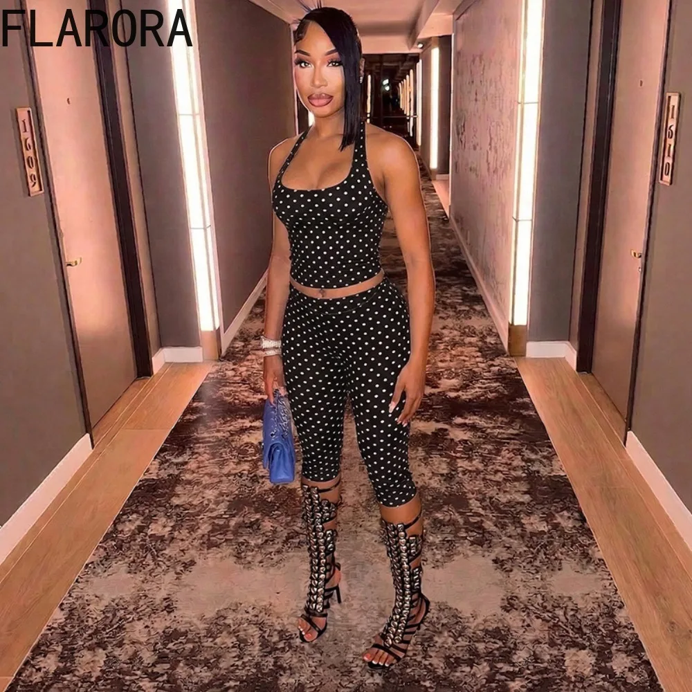 

FLARORA Polka Dot Print 2 Piece Set Woman Sexy Halter Bandage Backless Crop Tank Tops+Capri Pants Female Streetwear Outfits