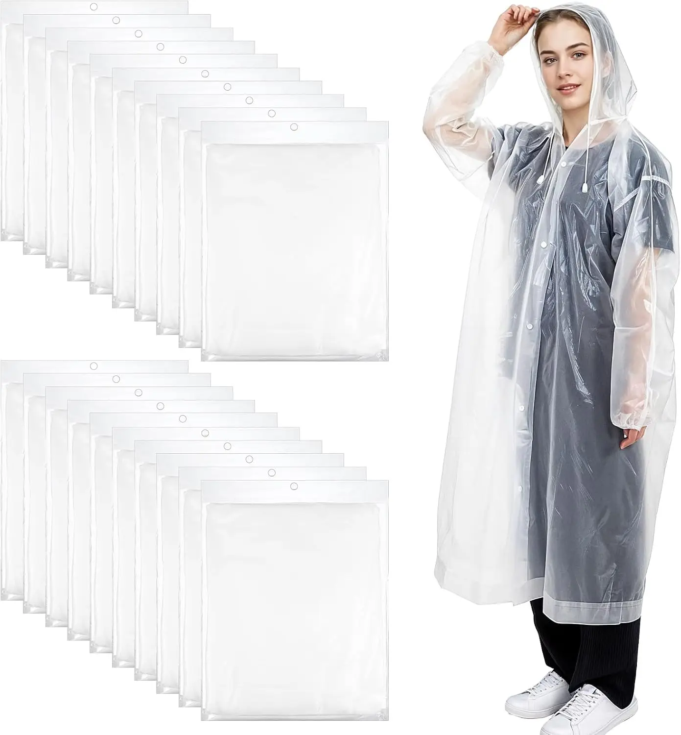 

20 Pack White Rain Ponchos, Reusable EVA Raincoat with Hood, Waterproof for Adults Travel Camping Hiking Outdoor