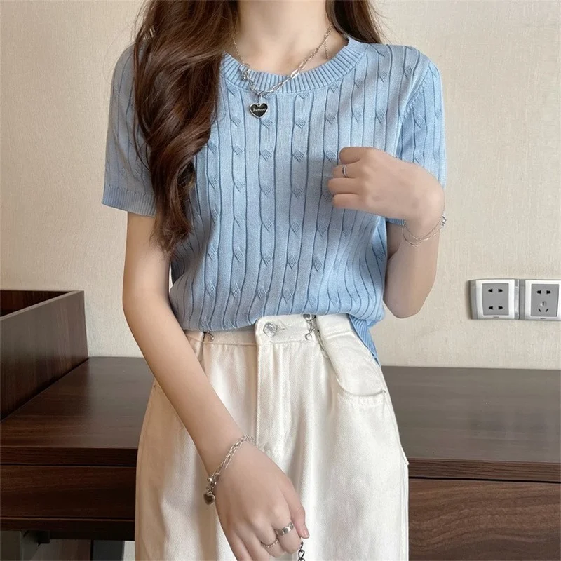 T-shirts à manches courtes femmes tricoté mince basique doux tout-match collège jeune Kawaii rétro tendre esthétique Mujer vêtements élégant