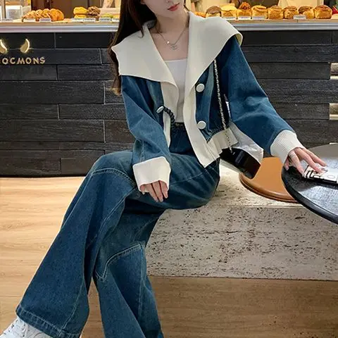 Spring 2025 New Fashion, High-end Temperament Denim Jacket Top Wide-leg Pants Two-piece Set
