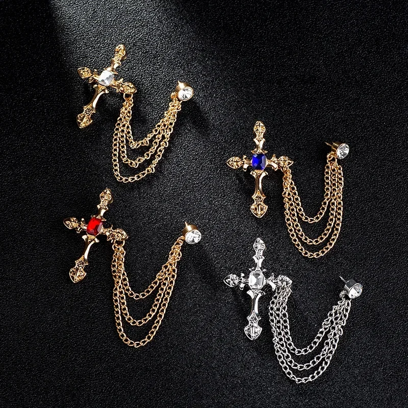 Korean New High-end Metal Cross Brooch Crystal Rhinestone Tassel Chain Lapel Pin Fashion Men\'s Suit Badge for Women Accessories