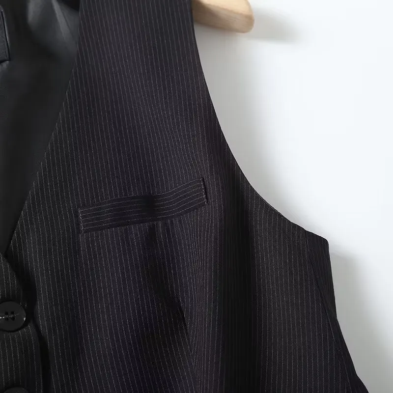 Withered New French Two Pieces Sets Fashion Retro Striped Sleeve Blazers Vest High Waist Straight Suit Pants Women