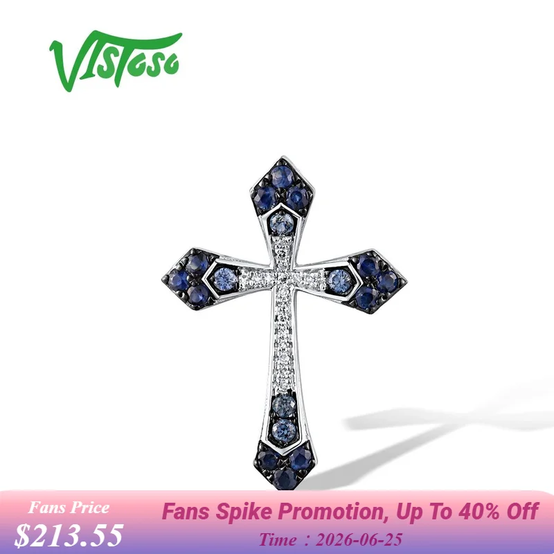 

VISTOSO Real 14K 585 White Gold Pendant For Women Sparkling Diamond Blue Sapphire Classic Cross Trendy Party Gift Fine Jewelry